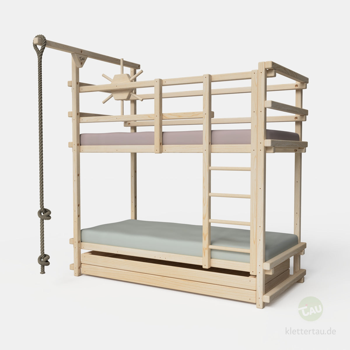 Abenteuer-Etagenbett mit Riesenschublade und Leiter frontal außen von TAU Abenteuerbetten #Schubladen_Riesenschublade