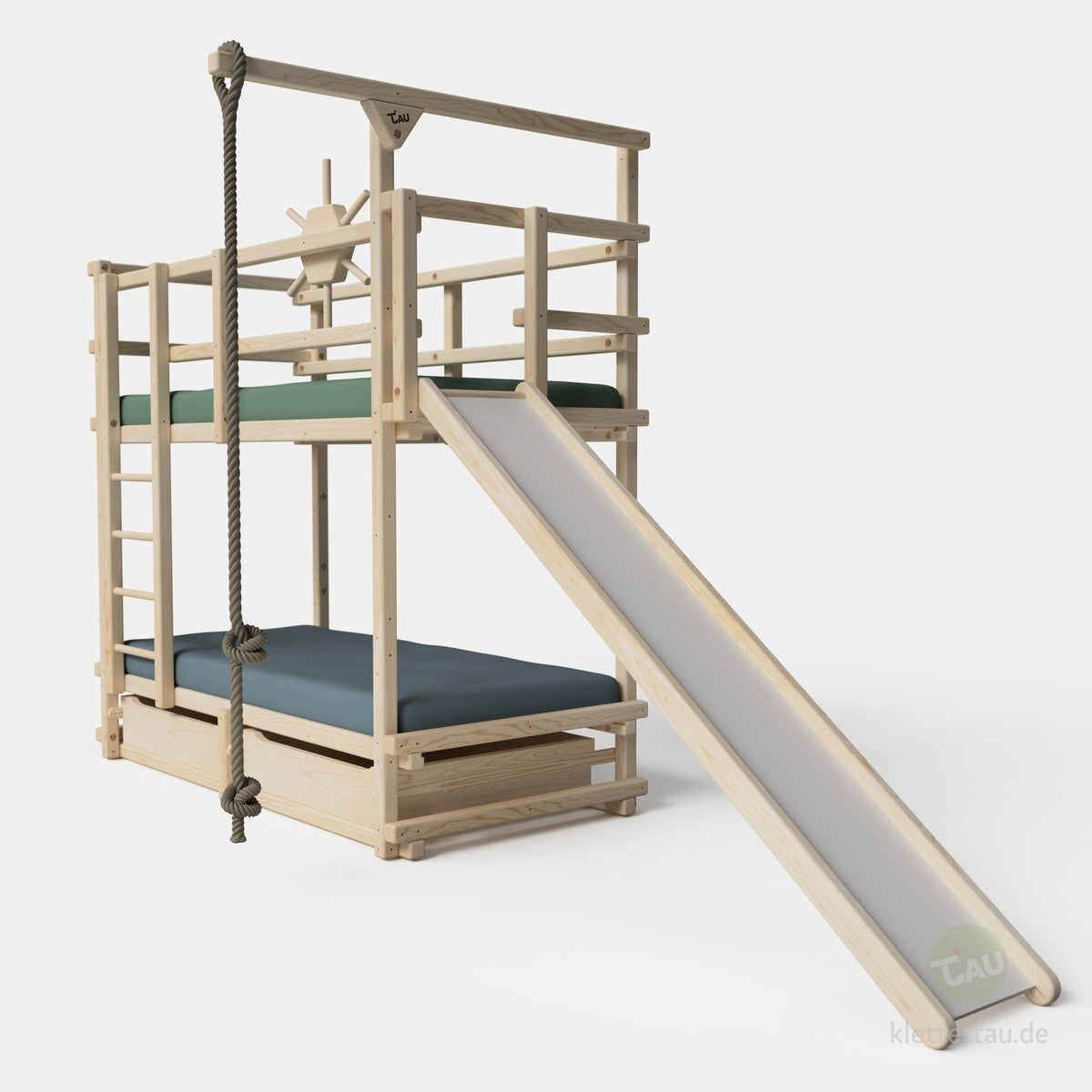 Abenteuer-Etagenbett mit Rutsche an der Schmalseite von TAU Abenteuerbetten #Schubladen_zwei Schubladen