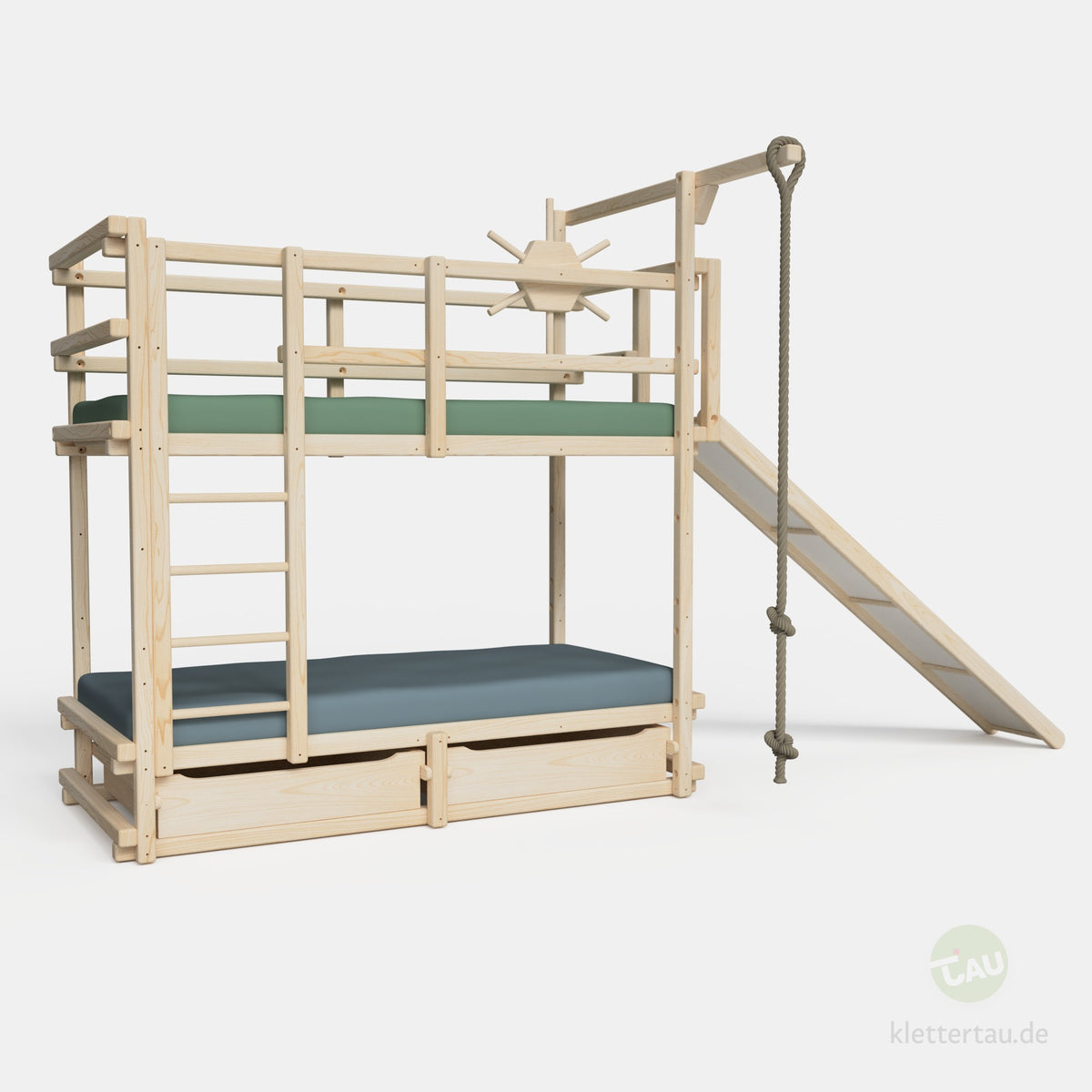 Abenteuer-Etagenbett mit Rutsche an der Schmalseite von TAU Abenteuerbetten #Schubladen_zwei Schubladen