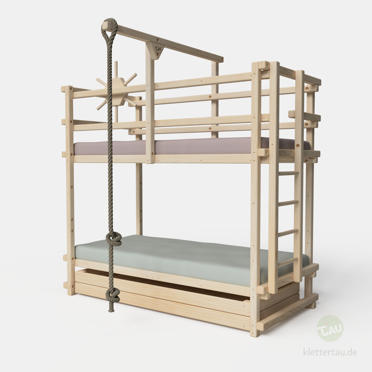 Abenteuer-Etagenbett mit Riesenschublade und Leiter an der Schmalseite von Tau Abenteuerbetten #Schubladen_Riesenschublade