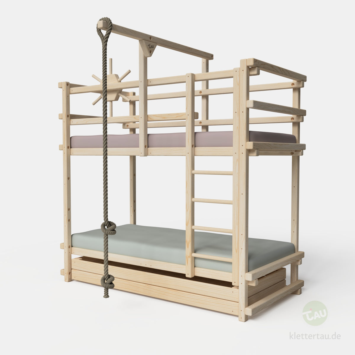 Abenteuer-Etagenbett mit Riesenschublade und Leiter frontal außen von Tau Abenteuerbetten #Schubladen_Riesenschublade