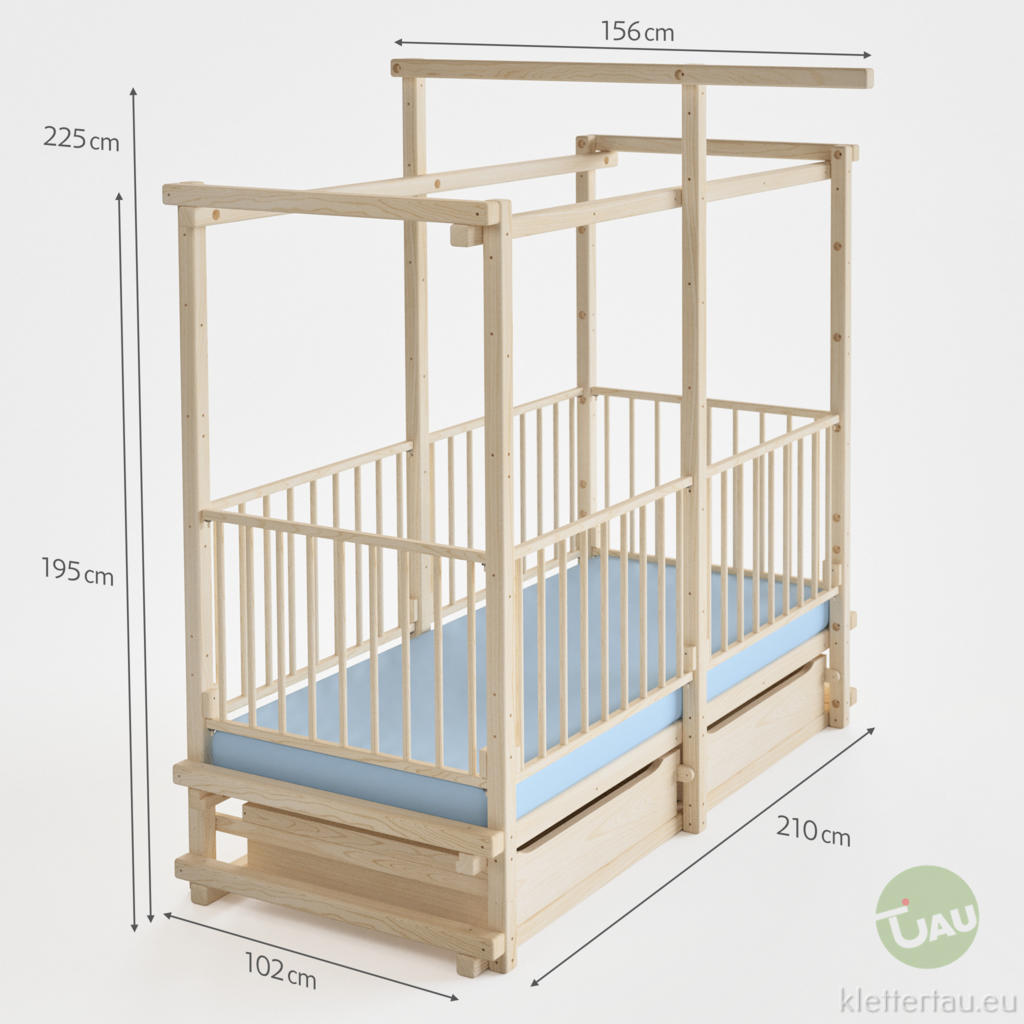 Babybett Variante 1 – Maßzeichnung mit hohem Gitter, Schublade und Ausbau-Gestell | TAU