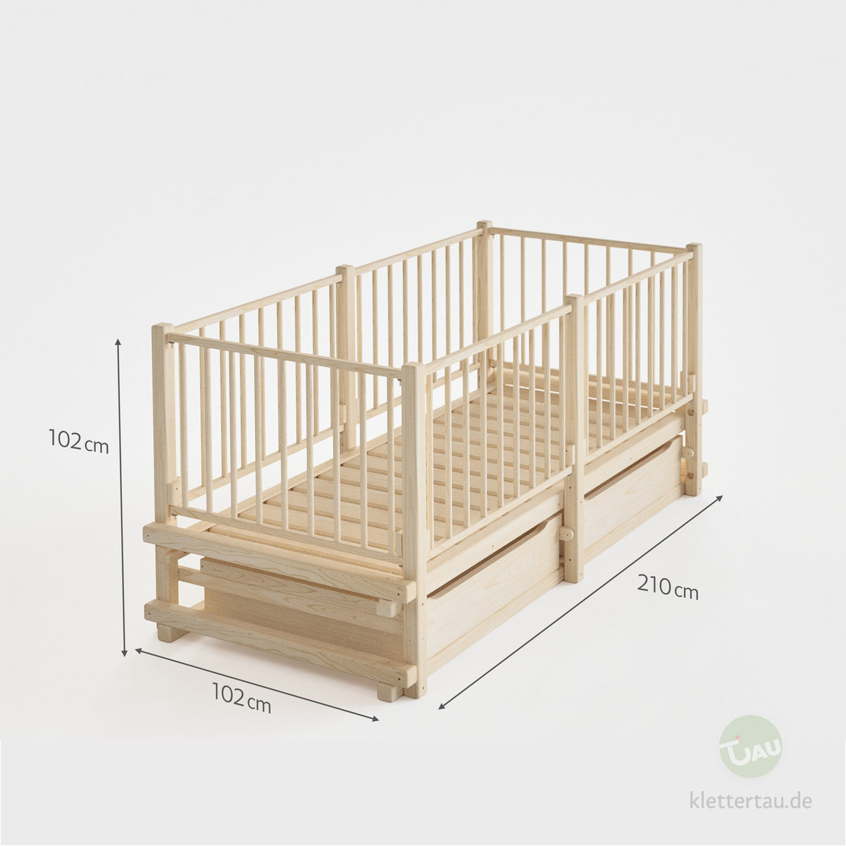 Babybett Variante 4 – Maßzeichnung des Babybetts mit umlaufendem Gitter | TAU
