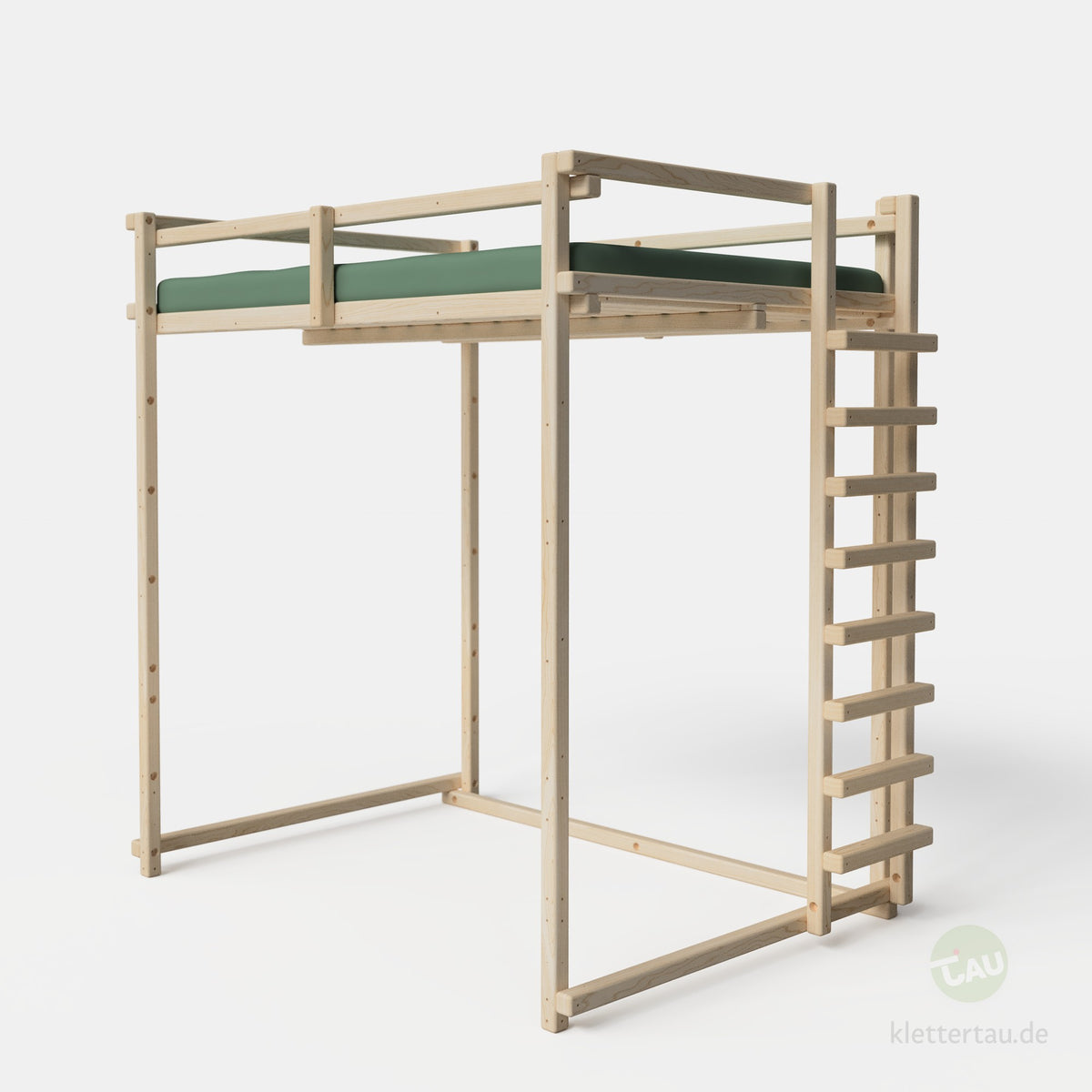 Jugendhochbett 140 × 200 cm extra hoch mit Balkenleiter an der Schmalseite von TAU Abenteuerbetten