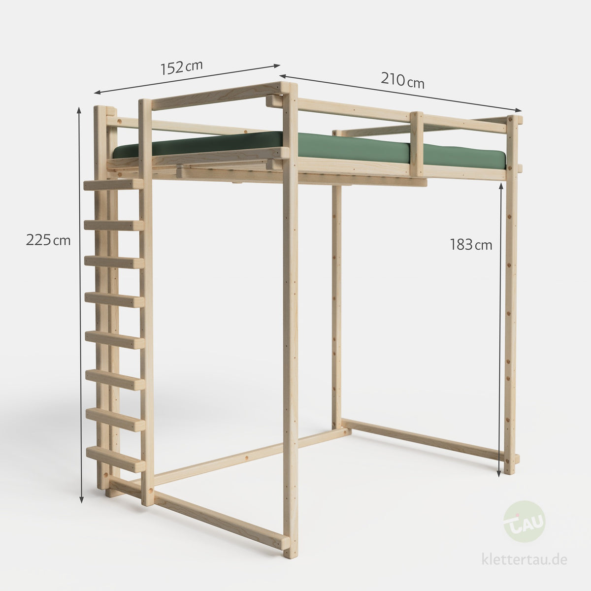 Jugendhochbett 140 × 200 cm extra hoch – Maßzeichnung mit Grundfläche 210 × 152 cm, Höhe 225 cm und Liegehöhe 190 cm | TAU