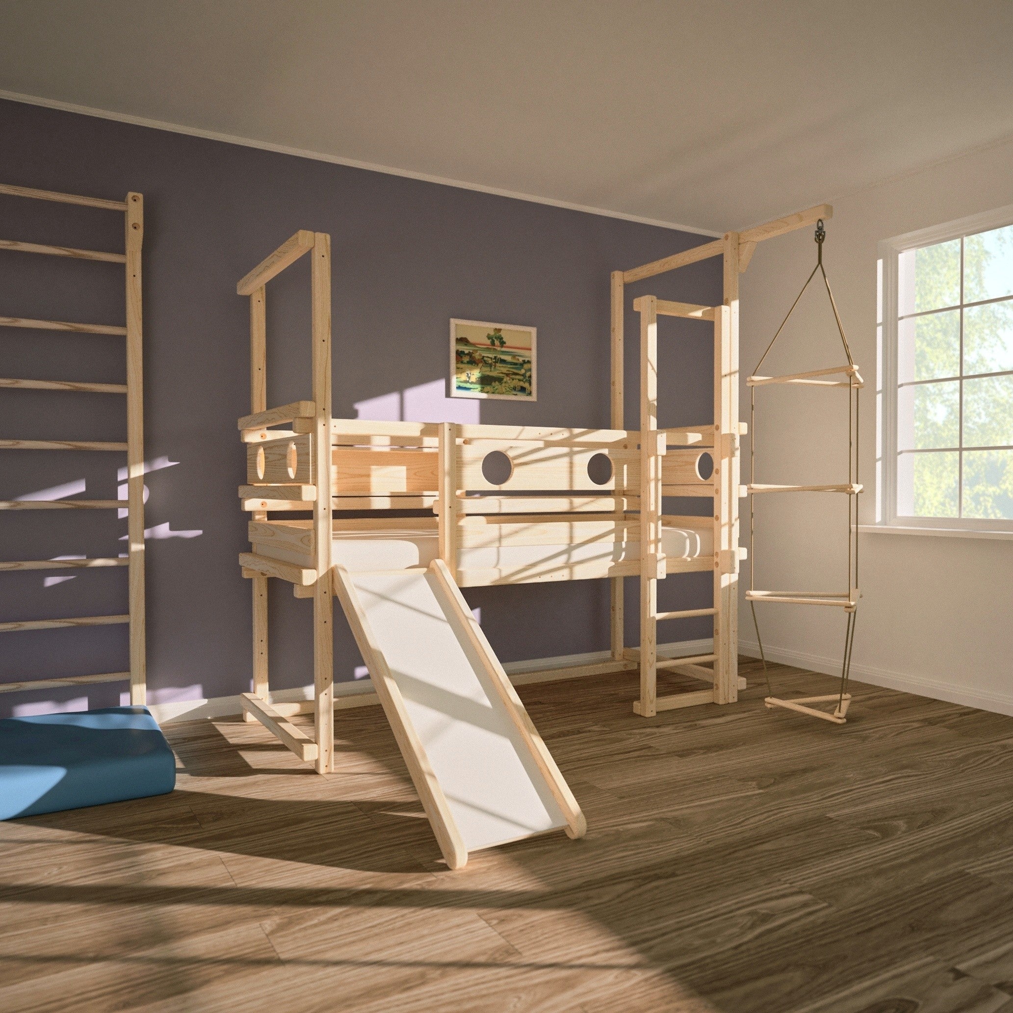 Halbhohes Hochbett für Kleinkinder mit Rutsche für Kinder zum Klettern, Spielen, Entdecken und Schlafen – von TAU Abenteuerbetten
