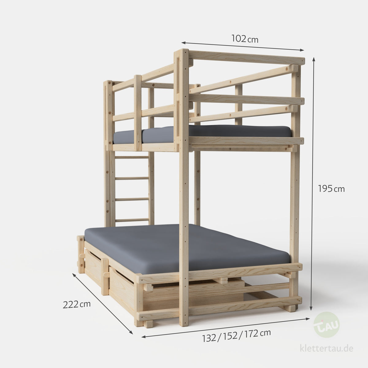 Hochbett über Doppelbett (Kinderhochbett) – Maßzeichnung mit Schubladen unten und Leiter zur oberen Liegefläche | TAU