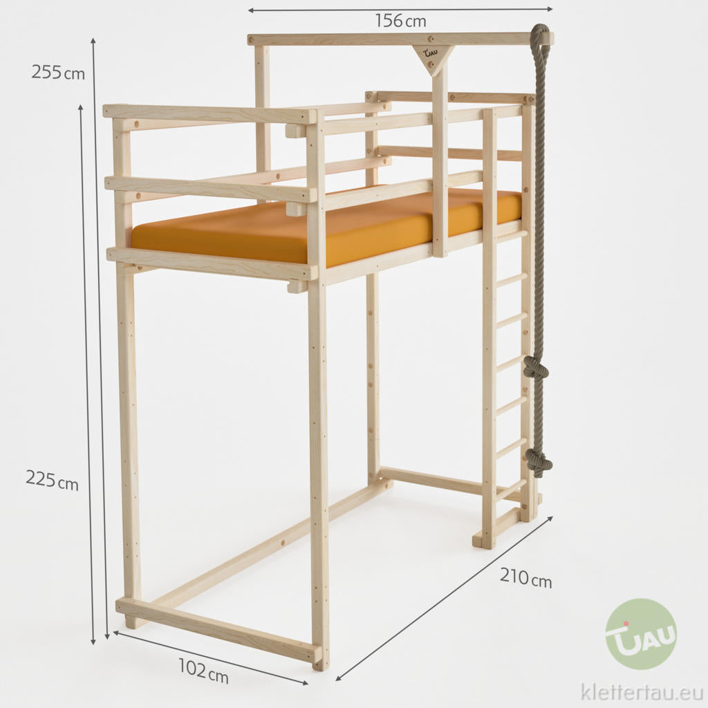 Piratenbett extra hoch (Hochbett für Kinder) – Maßzeichnung mit Steuerrad und Kletterseil, Liegehöhe 255 cm | TAU