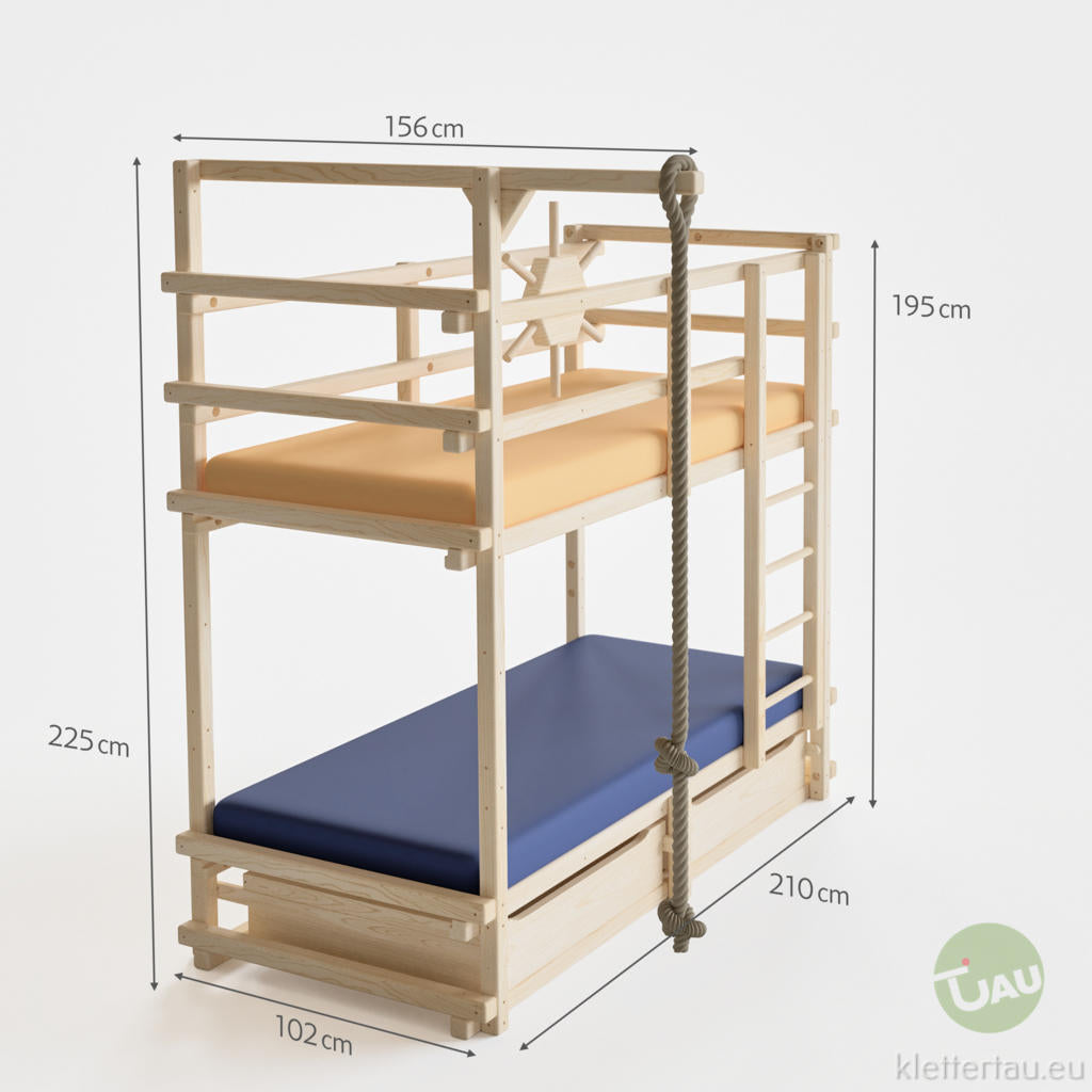 Abenteuer-Etagenbett Variante 2 (Stockbett) – Maßzeichnung mit seitlichem Kletterseil und Leiter | TAU
