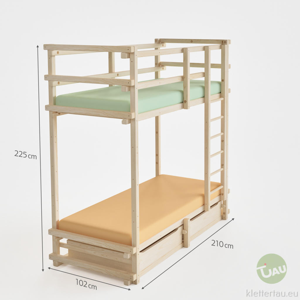 Etagenbett extra hoch (Doppelstockbett) – Maßzeichnung mit Leiter, Schublade und 225 cm Höhe | TAU