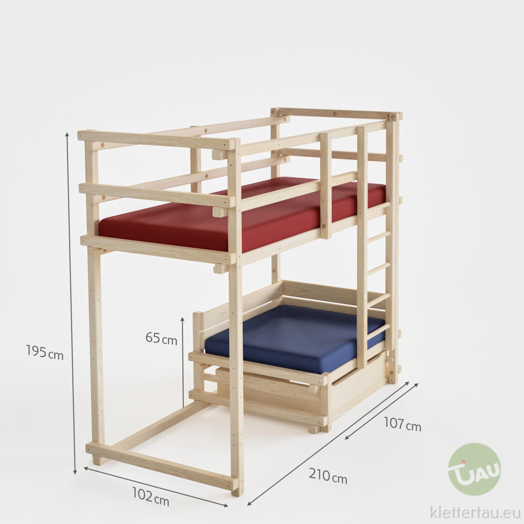 Hochbett mit Kuschelecke (Kinder-Hochbett) – Maßzeichnung mit Leiter und Rückzugsecke darunter | TAU