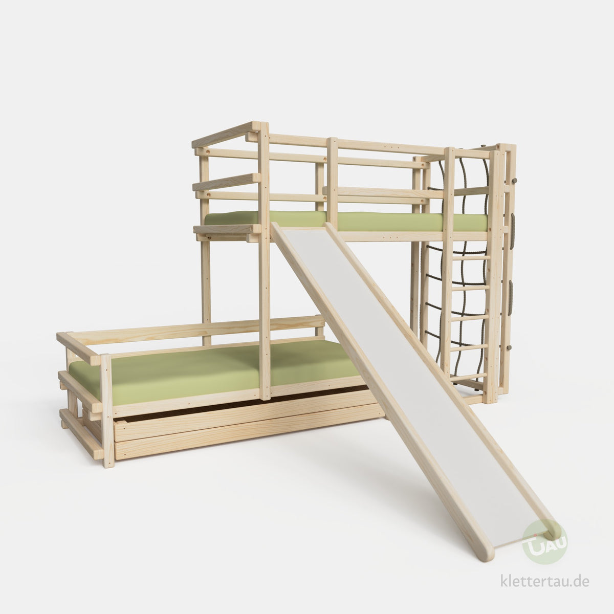 Etagenbett halbversetzt mit Rutsche, Kletternetz und Riesenschublade #Schubladen_Riesenschublade