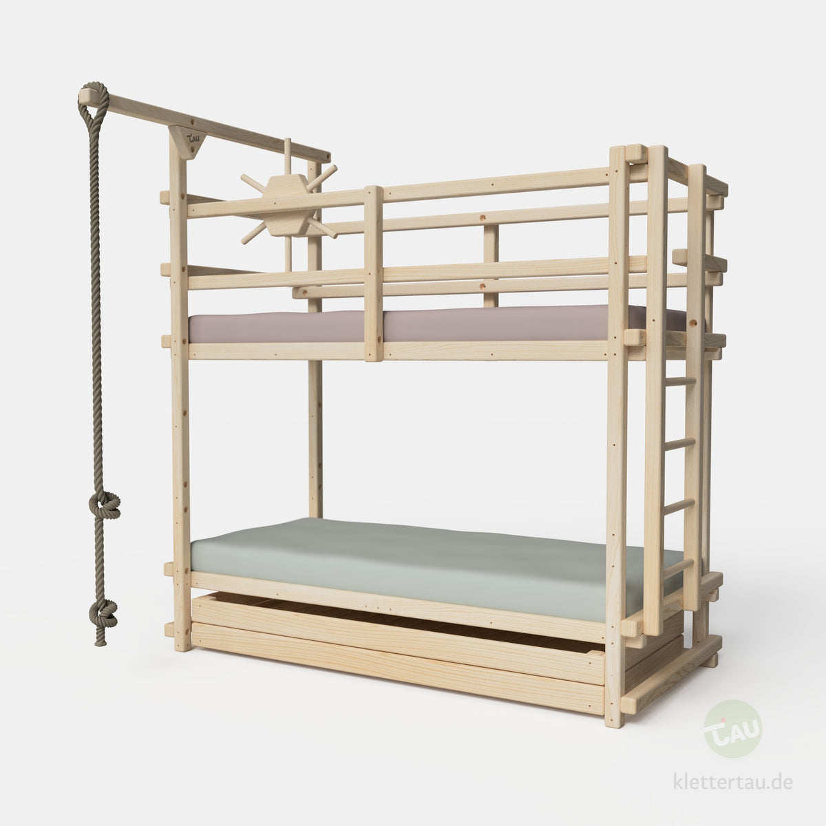 Abenteuer-Etagenbett mit Riesenschublade und Leiter an der Schmalseite von TAU Abenteuerbetten #Schubladen_Riesenschublade