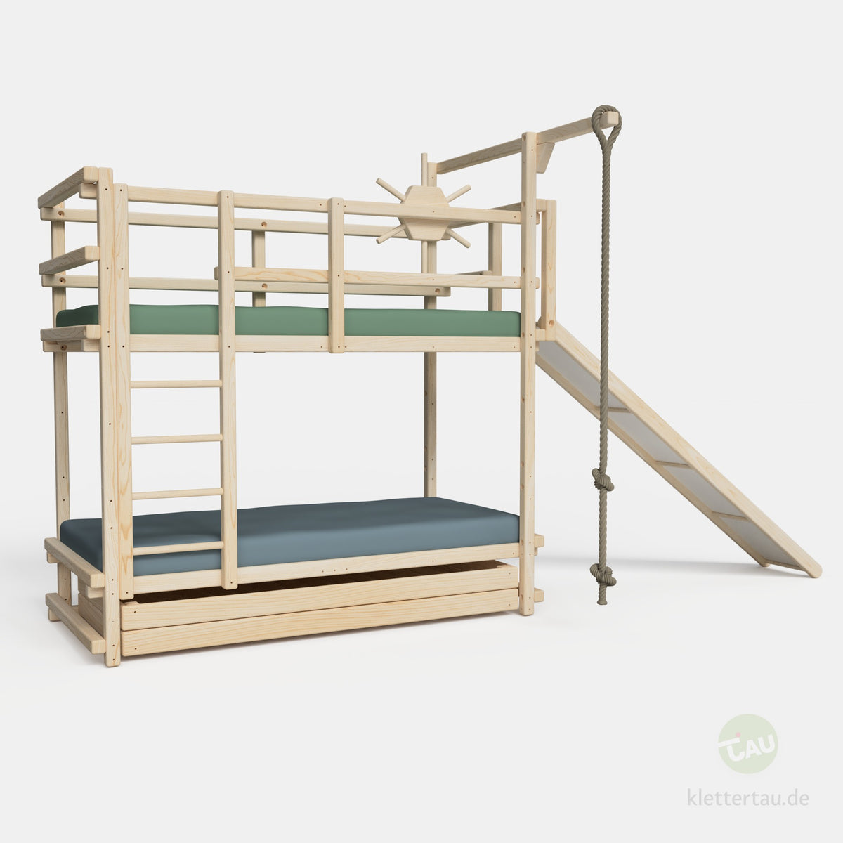 Abenteuer-Etagenbett mit Rutsche an der Schmalseite von TAU Abenteuerbetten #Schubladen_Riesenschublade