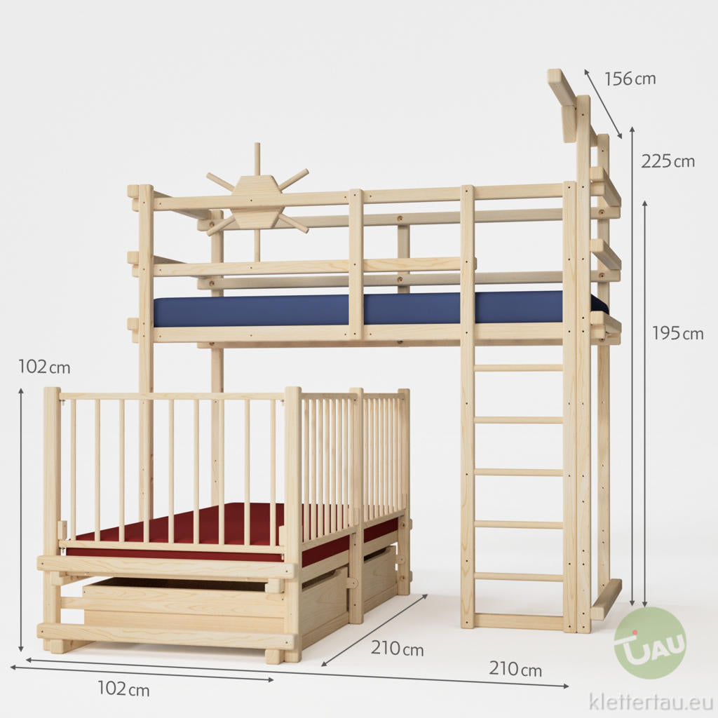 Babybett Variante 3 – Maßzeichnung mit Hochebene, Kletterrad und Bett darunter | TAU