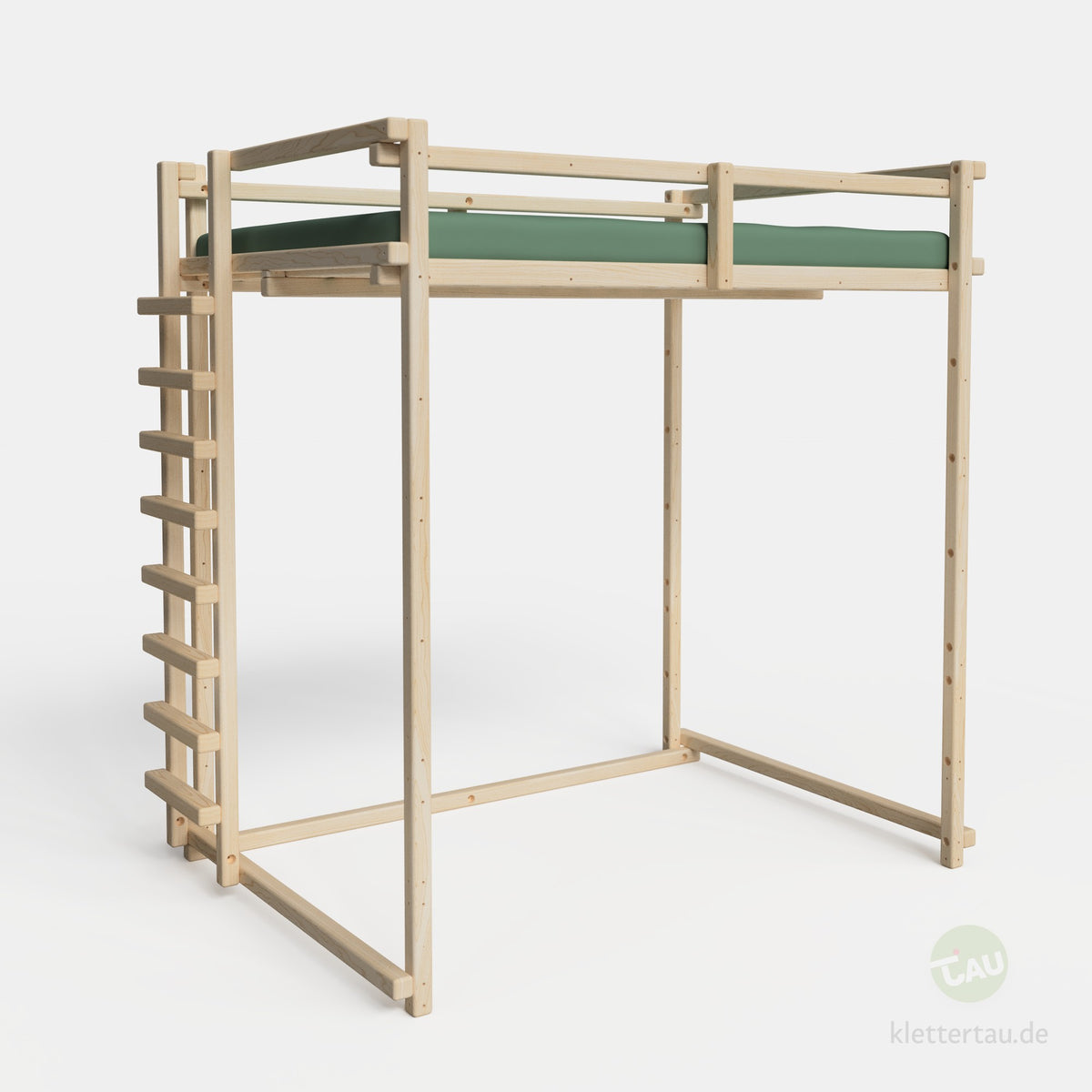 Jugendhochbett 140 × 200 cm extra hoch mit Balkenleiter an der Schmalseite von TAU Abenteuerbetten - Ansicht 2