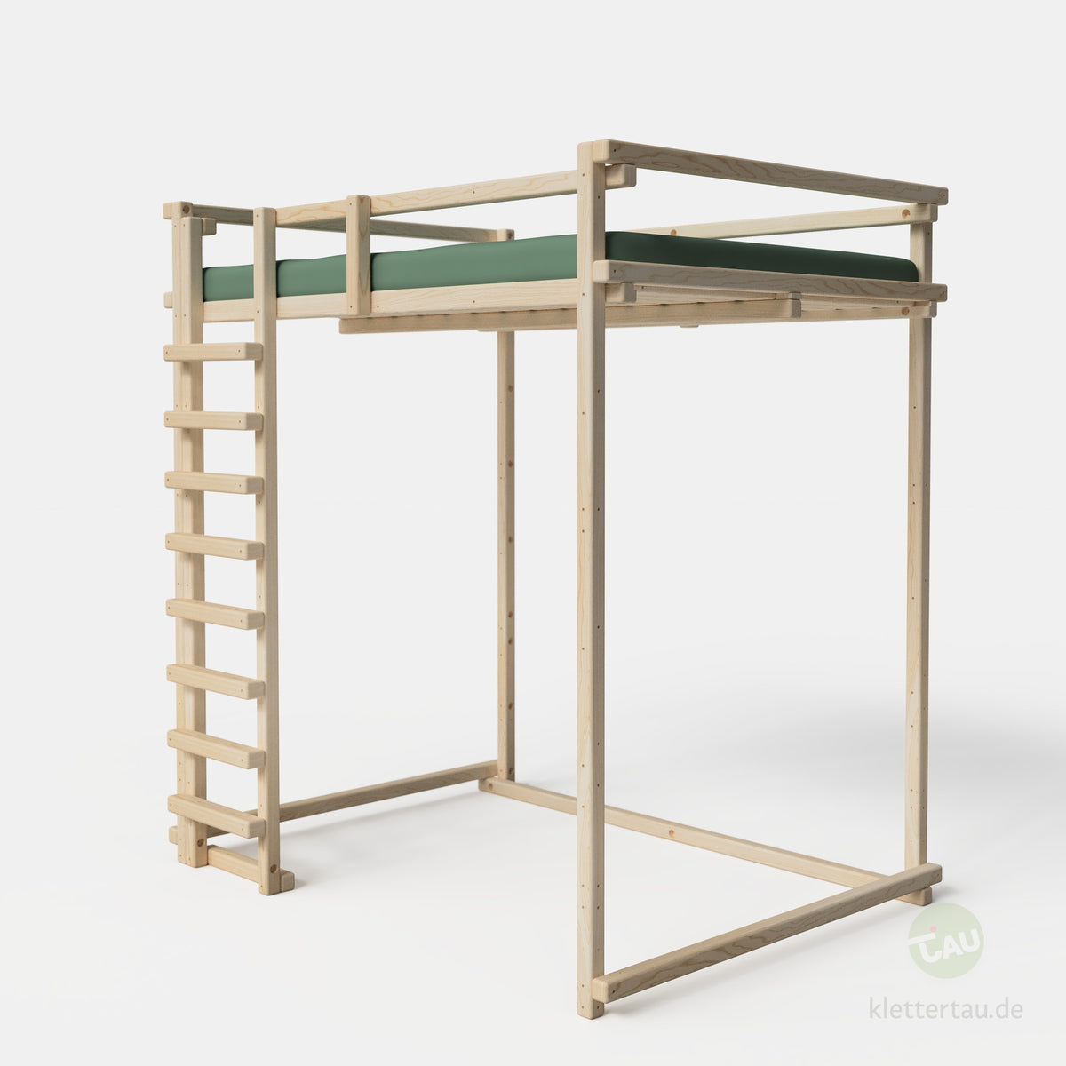Jugendhochbett 140 × 200 cm extra hoch mit Balkenleiter an der Front von TAU Abenteuerbetten