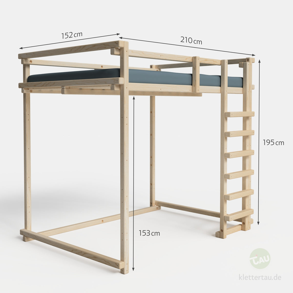 Jugendhochbett 140 × 200 cm – Maßzeichnung mit Grundfläche 210 × 152 cm, Höhe 195 cm und Liegehöhe 160 cm | TAU