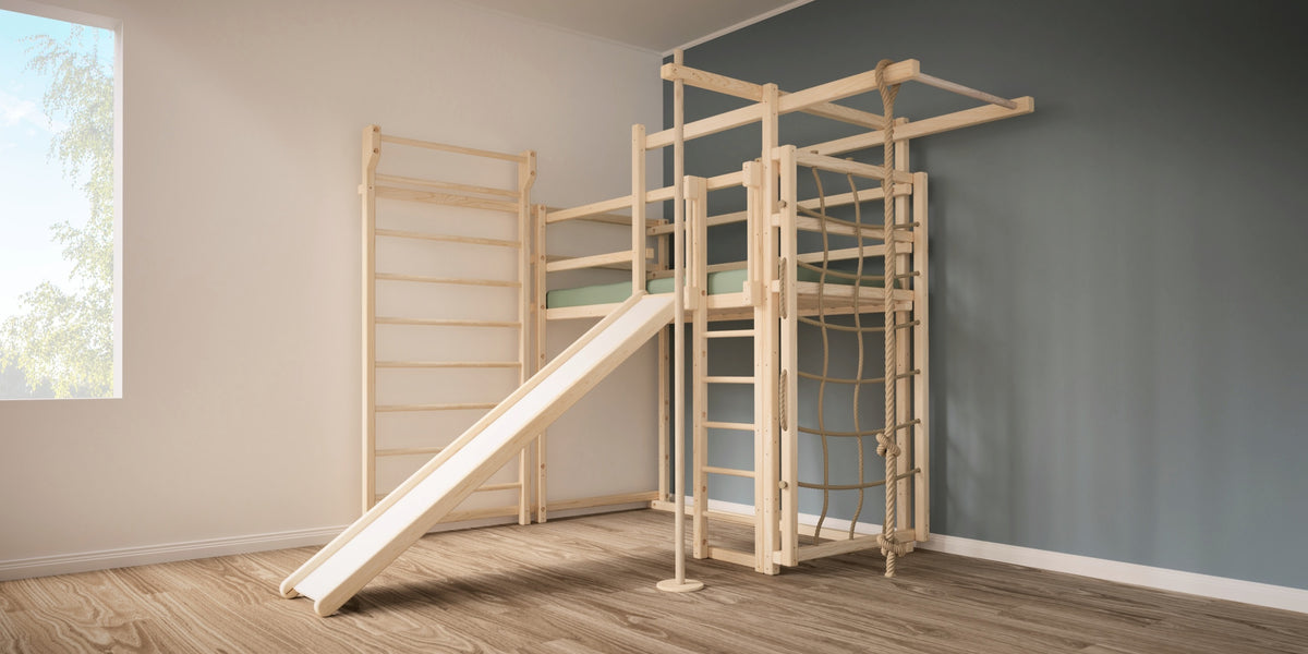 TAU Klettermax – Kinderzimmer mit Rutsche, Sprossenwand, Kletternetz und Reckstange | TAU