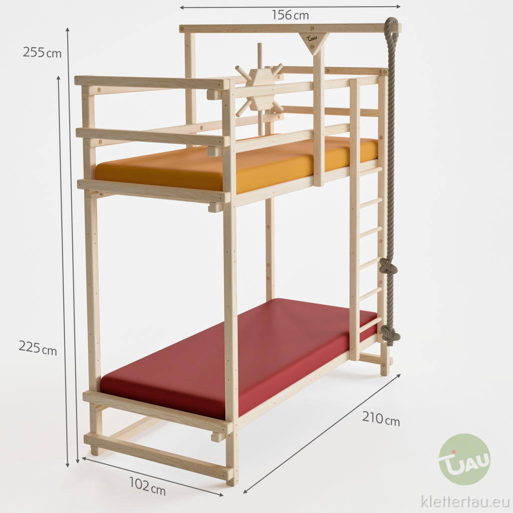 Abenteuer-Etagenbett extra hoch (Doppelstockbett) – Maßzeichnung mit Kletterseil, Leiter und 255 cm Gesamthöhe | TAU
