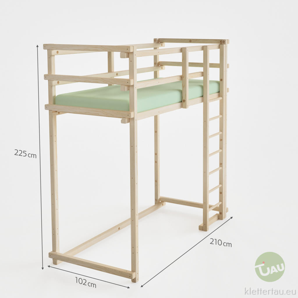 Hochbett extra hoch (Kinderhochbett) – Maßzeichnung mit Leiter und 225 cm Liegehöhe | TAU