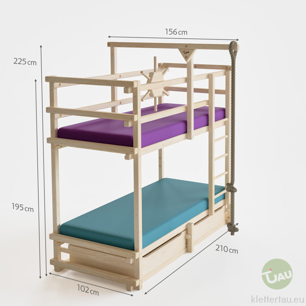 Abenteuer-Etagenbett (Stockbett) – Maßzeichnung mit Leiter, Kletterseil und Höhenangaben in cm | TAU